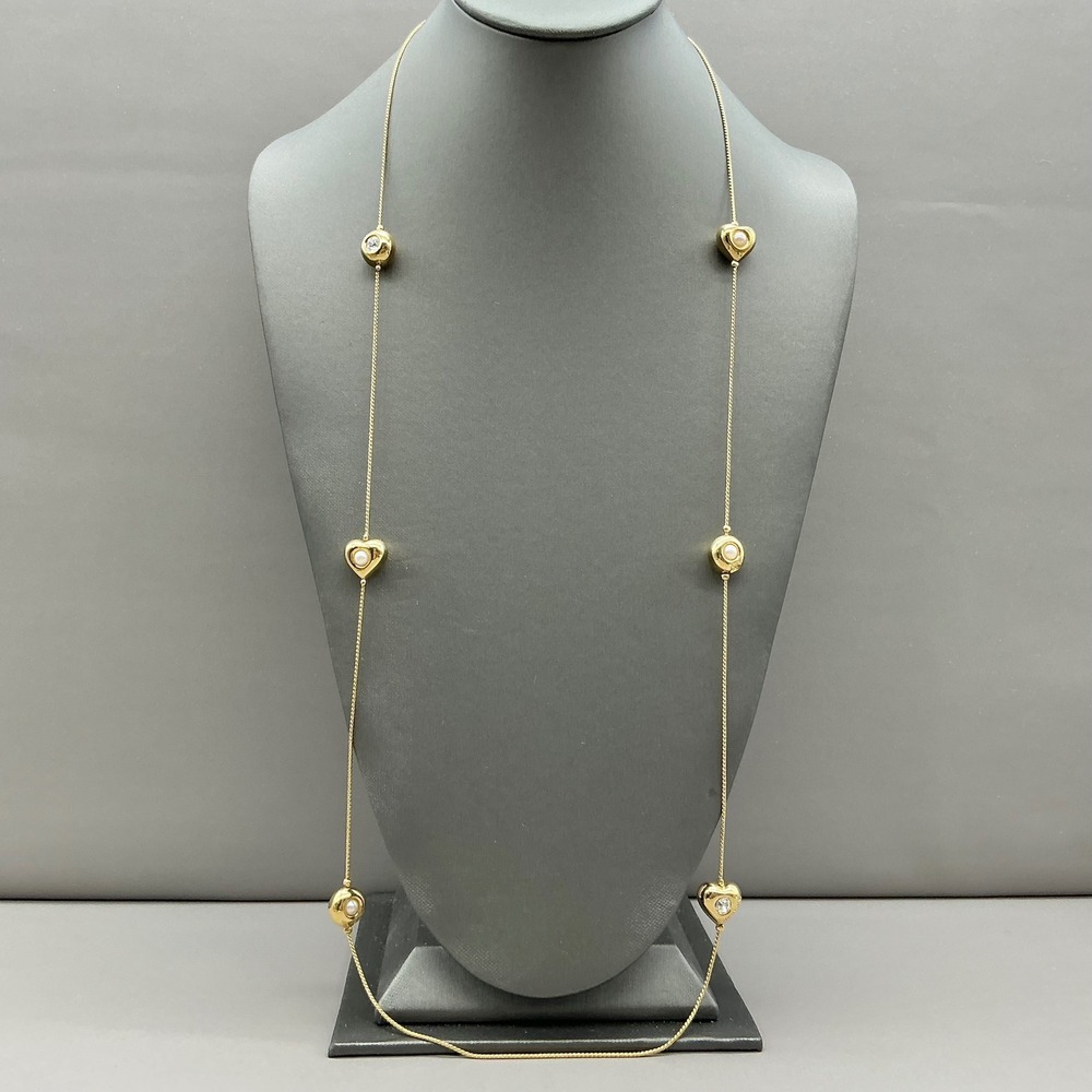 Vintage Givenchy Necklace Gold Tone Heart Faux Pearl Crystal Station 1980s 30"
